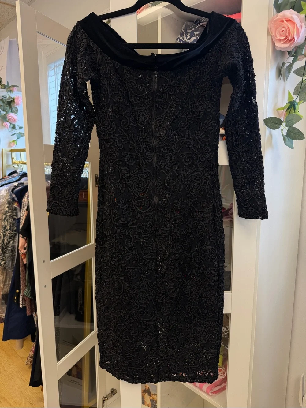 Anne Fontaine Lace Embroidered Semi Sheer Dress Velvet Collar Black Sz 38 US 4 6